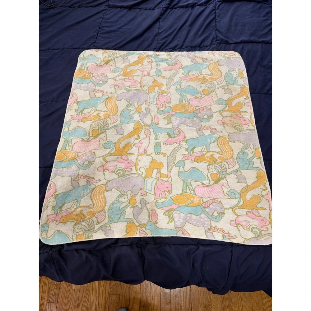 Vintage MCM Baby Receiving Blanket Unisex OS Pastel Animal Print Knit  30